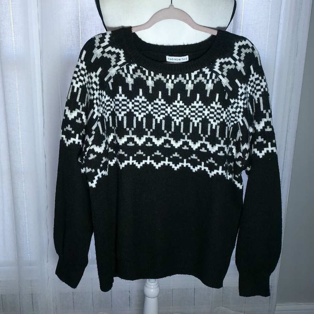 AND NOW THIS NWT Long Sleeve Scoop Neck Black Sweater w/White Artisic Design 3X
